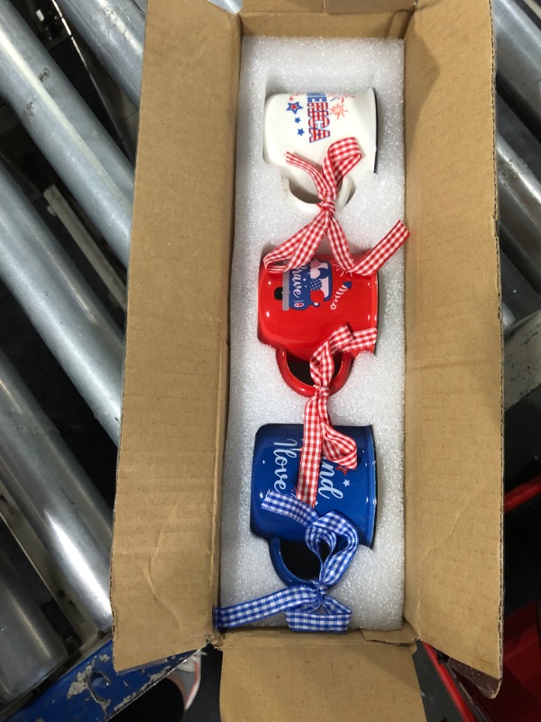 Photo 1 of 4th of July Decorations, Mini Coffee Mugs Patriotic Independence Day for Tiered Tray Decor Small Espresso Cups Farmhouse Rustic Home Kitchen Fireworks Centerpieces Housewarming Gift Idea Set of 3 Patriotic Pattern