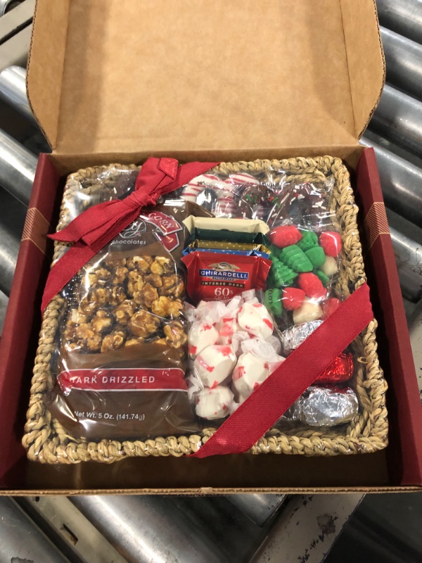 Photo 1 of A Gift Inside Holiday Classic Chocolate, Candy & Crunch Gift Basket With Handmade Chocolates, Ghirardelli, Caramel Corn for Gourmet Christmas Food Gift Christmas Basket 1 Count (Pack of 1)
