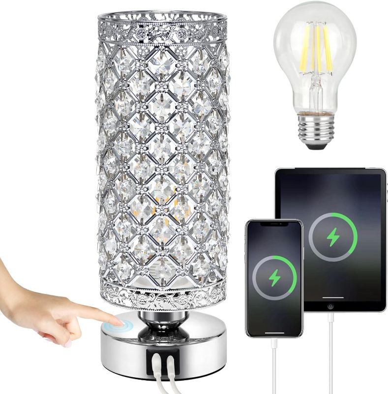 Photo 1 of Crystal Table Lamp with Touch: Nightstand Lamp with USB Charging Port, 3 Levels of Brightness, Dimmable LED Table Lamp, Silver Bedroom Decoration
