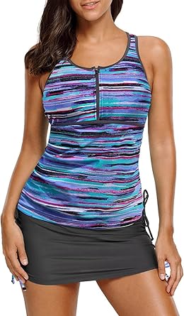 Photo 1 of  Women's 2 Pieces Print Zip Front Racerback Tankini Set Swimsuits with Skirt