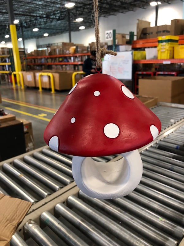 Photo 1 of  Bird Feeder Resin Mushroom Shaped Hanging Wild Bird Feeder Bird Dispenser Outdoor Bird Food Container for Outside Garden Yard