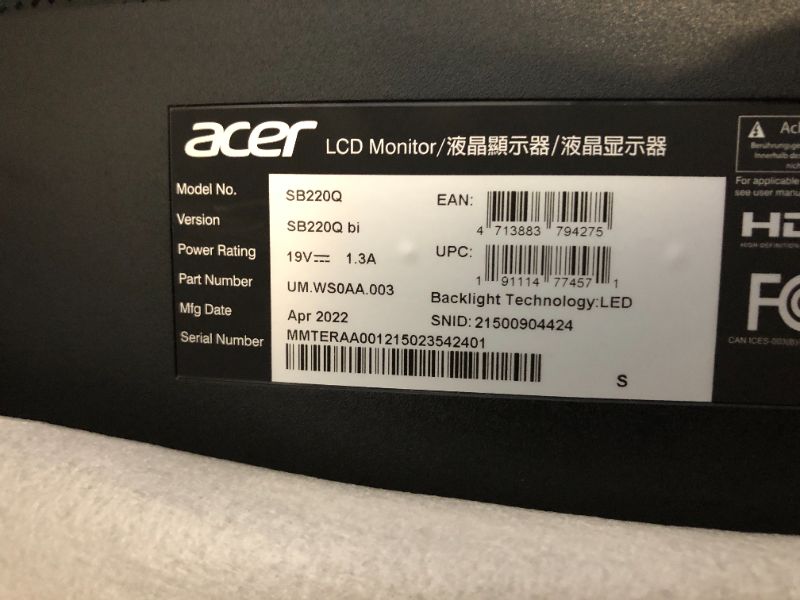 Photo 7 of Acer Sb220q Bi 21.5" Full HD (1920 x 1080) IPS Ultra-Thin Zero Frame Monitor