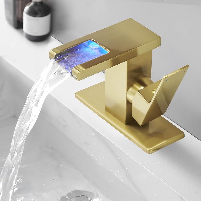 Photo 1 of ****USED*** BESy LED Stainless Steel Waterfall Brushed Gold Bathroom Faucet, Single Hole Bathroom Sink Faucet, 3 Colors Light Changing Single Handle Vanity Faucets with Supply Lines, Rv One Hole Faucet
