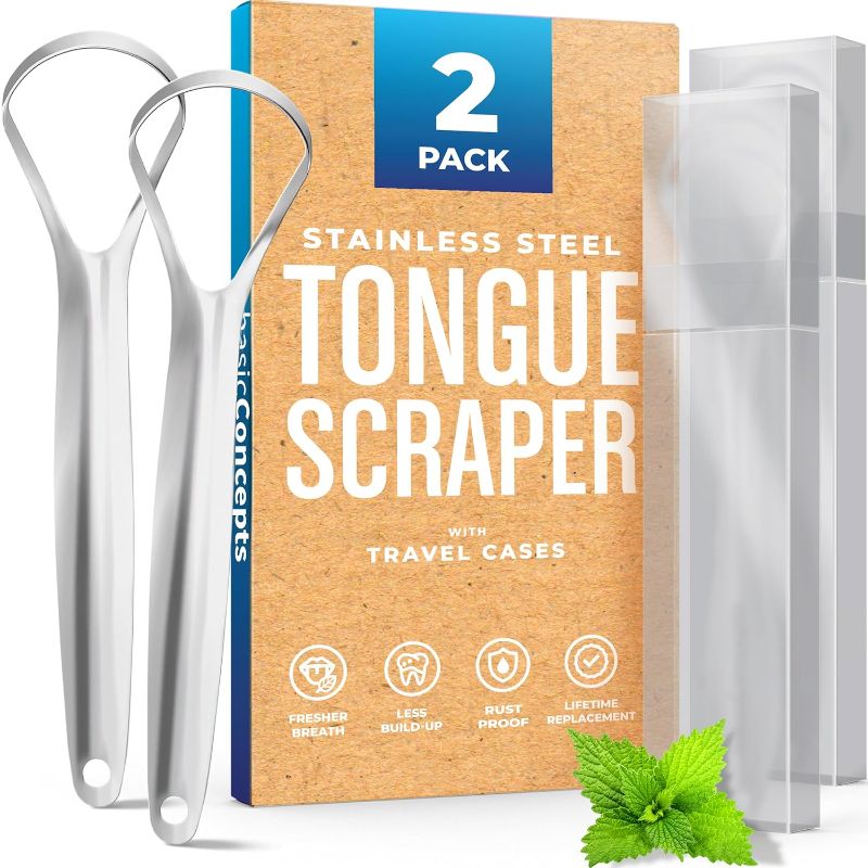 Photo 1 of ***2 PACK OF 2 EACH*** Tongue Scraper for Adults (2 Pack), Reduce Bad Breath (Travel Cases Included), Stainless Steel Tongue Cleaners, 100% Metal Tongue Scraper with Case Fresh Breath Tongue Cleaner Oral
