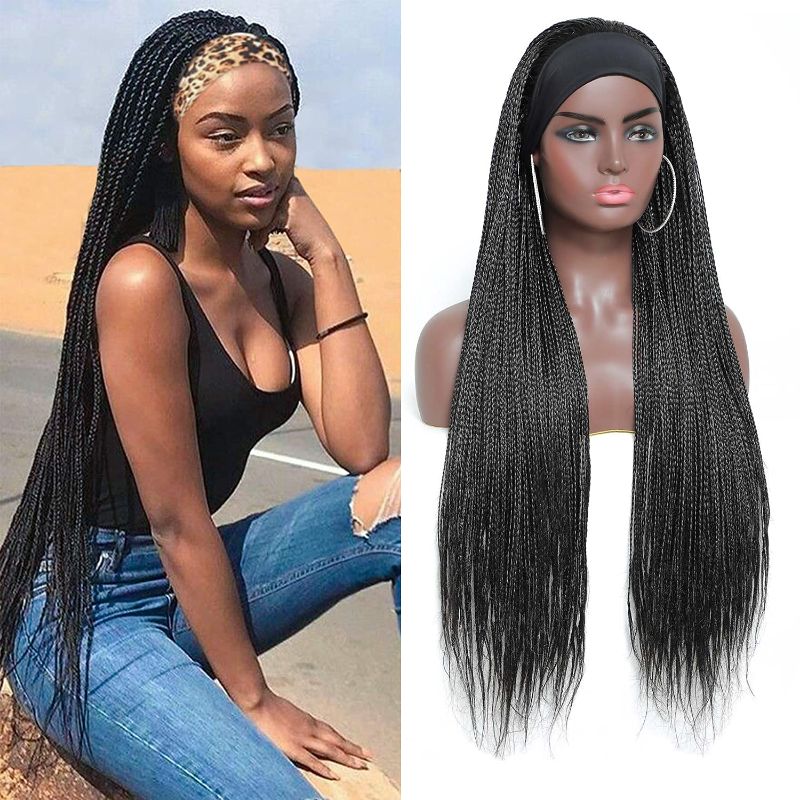 Photo 1 of ROSEBONY Box Braided Headband Wigs for Black Women Micro Braids 30 Inch Long Wigs Synthetic Wigs with Small Braids (1b, Headband Box Wig)