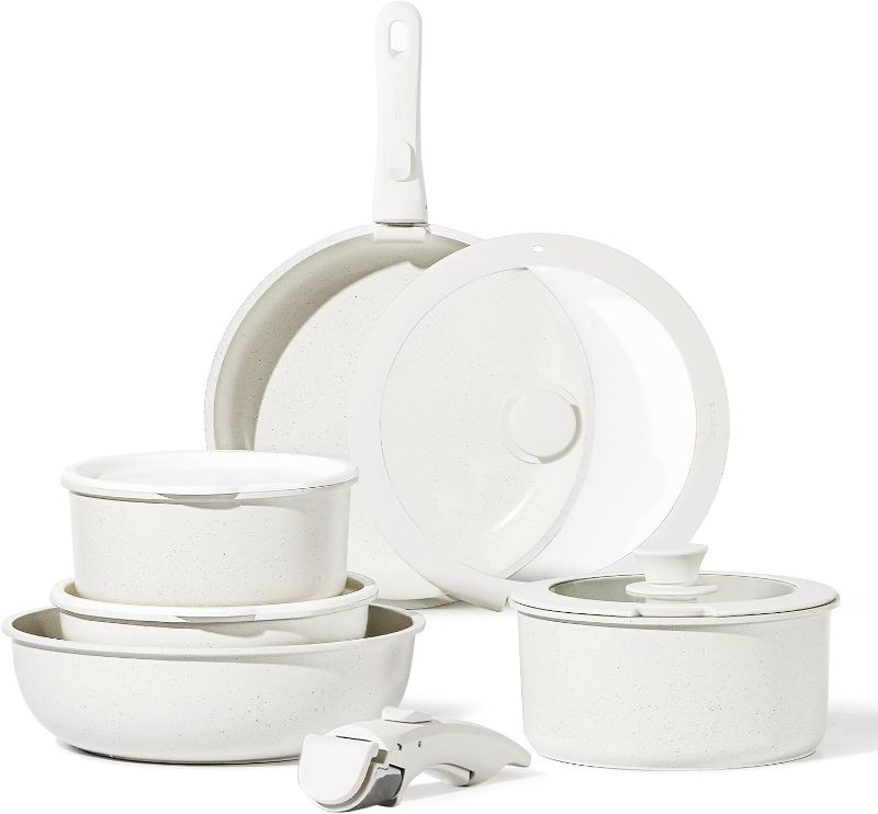 Photo 1 of ****USED***MISSING HANDLES** CAROTE 11pcs Pots and Pans Set Non Stick, Cookware Sets Detachable Handle, RV Kitchen Set Removable Handle, Oven Safe, Induction Ready, Stackable Non-stick Set, Cream White