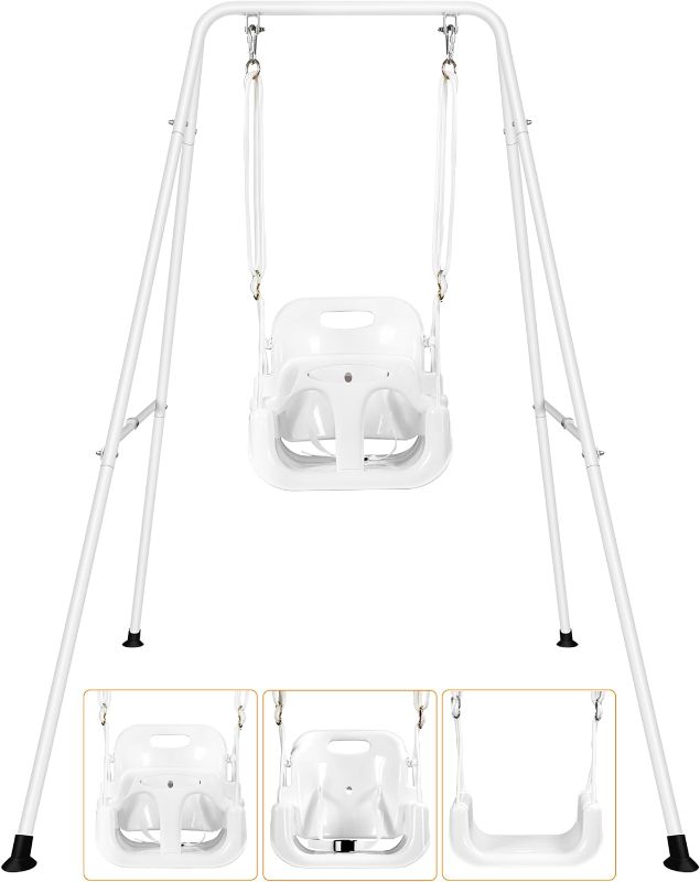 Photo 1 of 3-in-1 Baby Toddler Swing with 4 Sandbags, Toddler Swing for Outdoor/Indoor Backyard Play, Kids Swing Set with a Foldable Metal Stand, Easy to Assemble & Store (White)