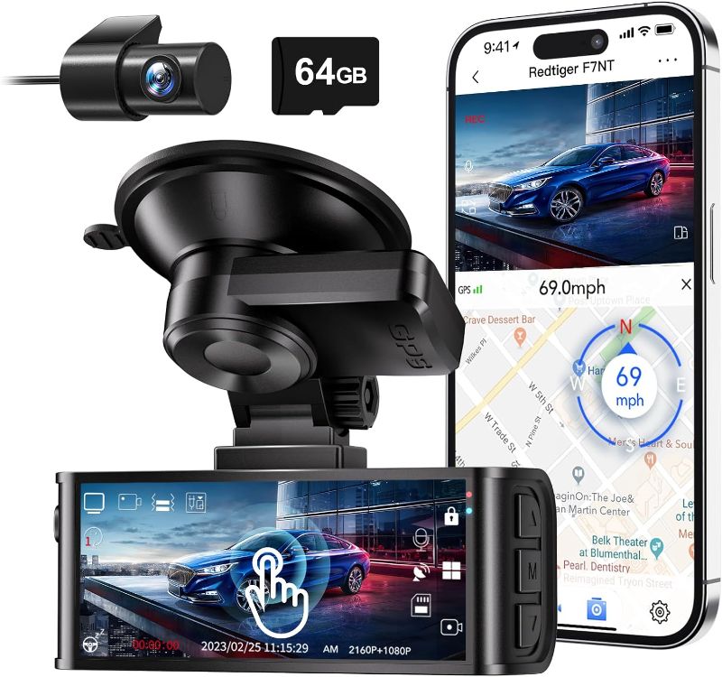 Photo 1 of ****USED*** ***adhesive on one of the mounts do not work***  REDTIGER 4K Dash Cam Front and Rear, Touch Screen 3.18 Inch, 64GB Card Included, Car Dash Camera Built-in WiFi GPS, UHD 2160P Night Vision, WDR, Parking Monitor (F7N TOUCH)
*