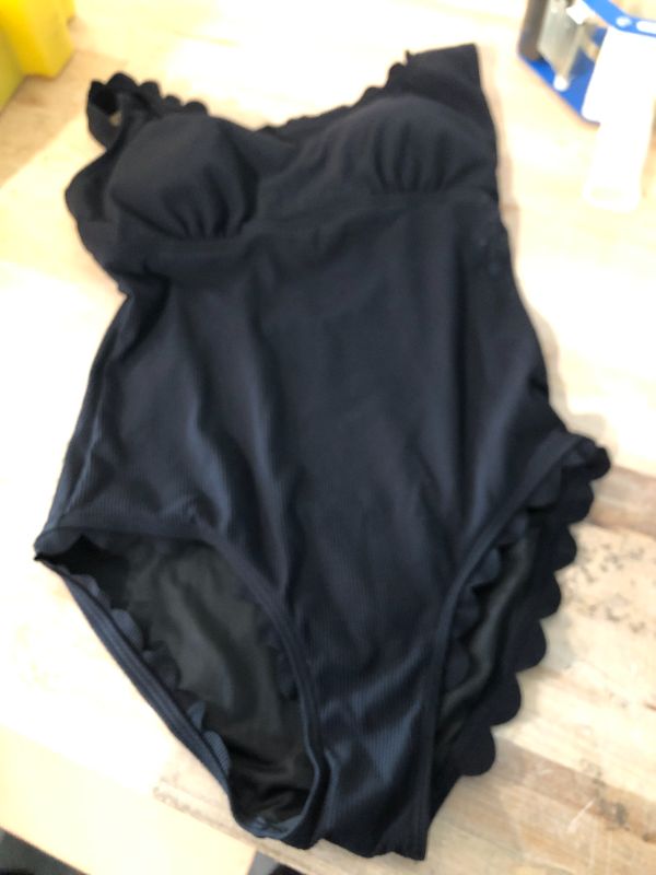 Photo 1 of Charmo Womens Scalloped Ribbed One Piece Swimsuits Retro Square Neck Modest Bathing Suits Small Black