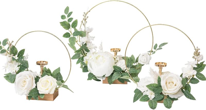 Photo 1 of 3Pack Ling's moment Candle Holder Hoop Wreath Floral Centerpieces for Sweetheart Table, Head Table, Ceremony Reception Artificial Flowers Decorations (Set of 3, White)