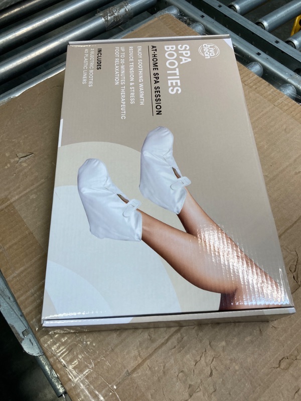 Photo 2 of ****USED** LivaClean Premium Heated Booties (1 Pair) & 40 PCS Plastic Liner/Covers - Foot Warmers for Spa Treatments, Warming Booties, Dual Temperature Settings, Feet Warming Booties, Foot Heating Pad. White