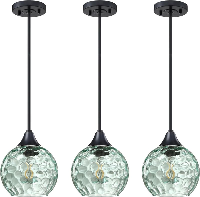 Photo 1 of 3 Pack 1 Light Hanging Modern Farmhouse Pendant Light Fixture,6.5" Hammer Blue Glass Mini Pendant Lighting Black Finish for Kitchen Island Dinning Over Sink Living Room Decor 3 pack black