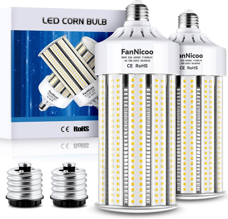 Photo 1 of 2 Pack 1000W Equivalent Led Corn Bulb Super Bright 11500 Lumen 6500K Daylight White 80W Corn Light Bulb E26/E39 Base LED Corn Light Bulb for Outdoor Indoor Garage Basement Warehouse Workshop Backyard