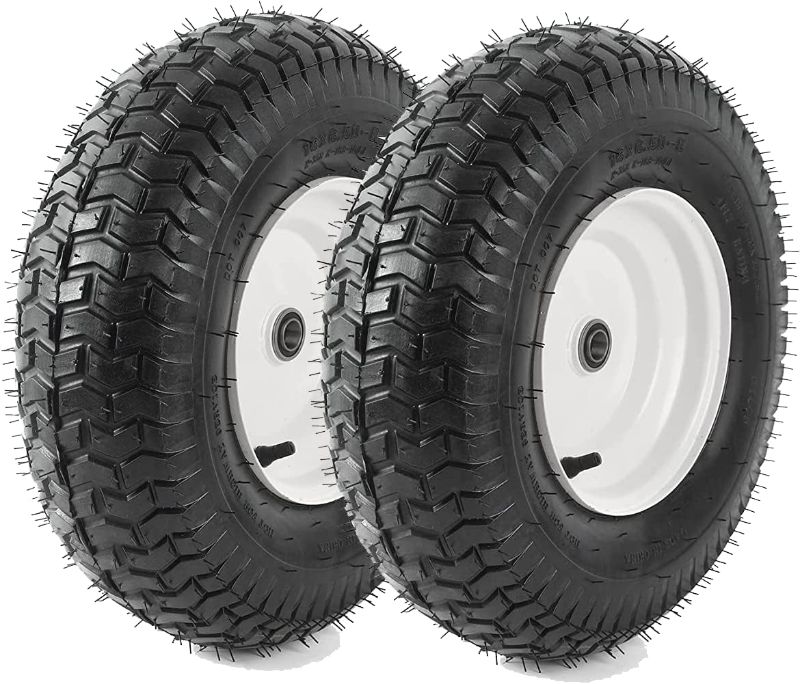 Photo 1 of (2-Pack) 16x6.50-8 Tubeless Tires on Rim - Universal Lawn Mower and Garden Tractor Trailer Wheels - With Chevron Turf Treads - 3" Offset Hub, 3/4" and 5/8" Bearings - 4 Ply with 615 lbs Load Capacity