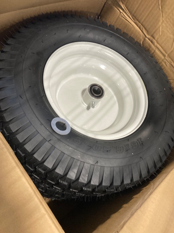 Photo 3 of (2-Pack) 16x6.50-8 Tubeless Tires on Rim - Universal Lawn Mower and Garden Tractor Trailer Wheels - With Chevron Turf Treads - 3" Offset Hub, 3/4" and 5/8" Bearings - 4 Ply with 615 lbs Load Capacity