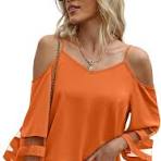 Photo 1 of ***USED*** Jouica Women‘s Summer Cold Shoulder Tops Mesh Panel 3/4 Bell Sleeve Tees Adjustable Spaghetti Strap Loose Fit Shirts Large Orange XL