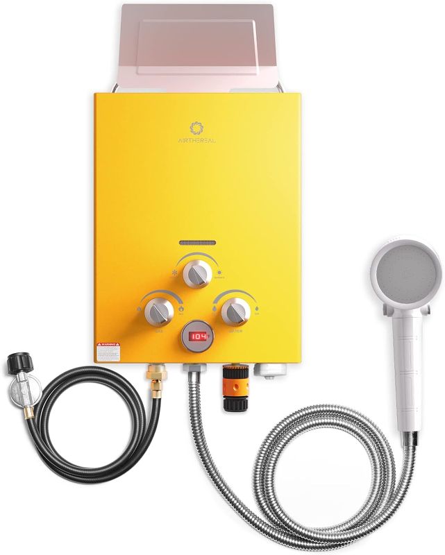 Photo 1 of **BROKE SEAL TO CONFIRM ITEM INSIDE** Airthereal 6L 1.58GPM Outdoor Portable Propane Gas Tankless Water Heater, Instant Propane Water Heater, Easy to Install, Use for Camping, RV and Pet Bath, Evenfall series, Yellow
