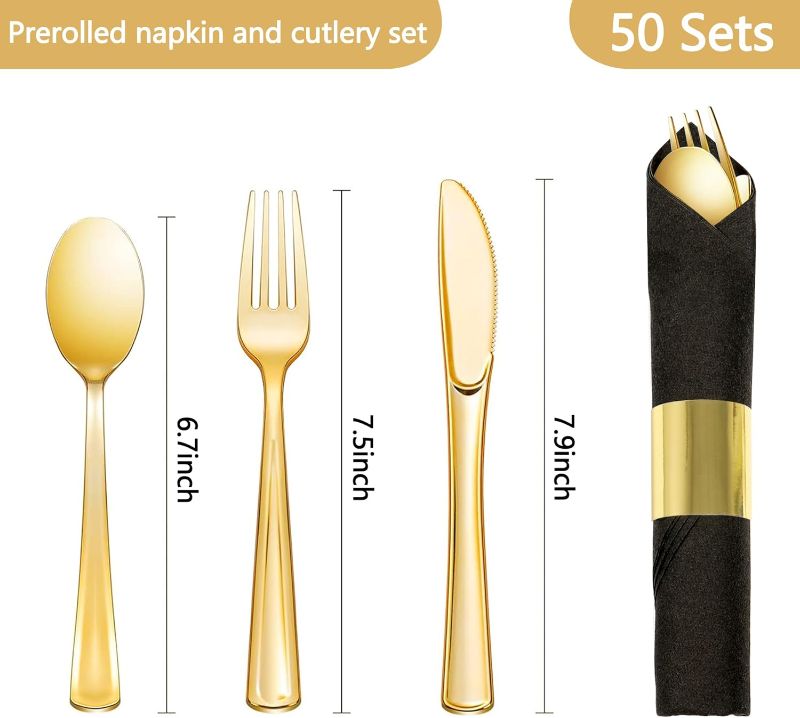 Photo 1 of 50 Pack Pre Rolled Gold Plastic Silverware Sets Graduation Heavy Duty Plastic Silverware Disposable Forks Spoons Knives Black and Blue Napkins for Proms, Graduation Parties, Serve 50 Guests Graduation Season Black and black 50