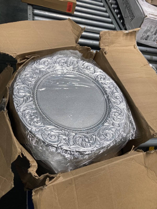 Photo 1 of Zhehao 50 Pcs Antique Charger Plates Bulk 13 Inch Embossed Rim Plastic Charger Plate Decorative Round Plate Chargers for Dinner Wedding Party Event Table Setting Decoration (Silver White)