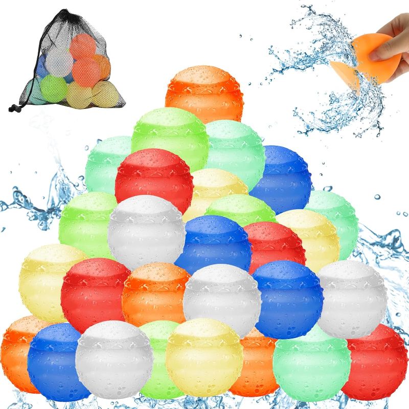 Photo 1 of 28 Pack Summer Water Balloons Reusable, Quick Fill Fefillable Water Balloons, Reusable No Magnetic Silicone Water Balloons,Summer Outdoor Water Toys,Pool Beach Toys For Kids,With Mesh Bag
