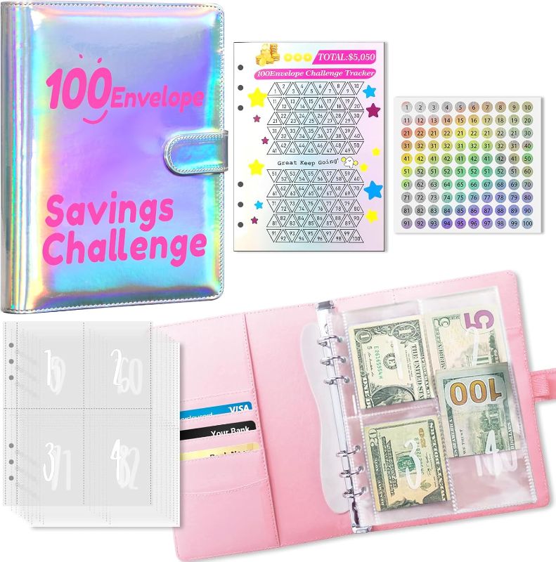 Photo 1 of 100 Envelopes Money Saving Challenge Binder Kit,Savings Budget Book,Easy and Fun Way to Save 5050,A5 Binder Cash Envelopes for Budgeting,Silver
