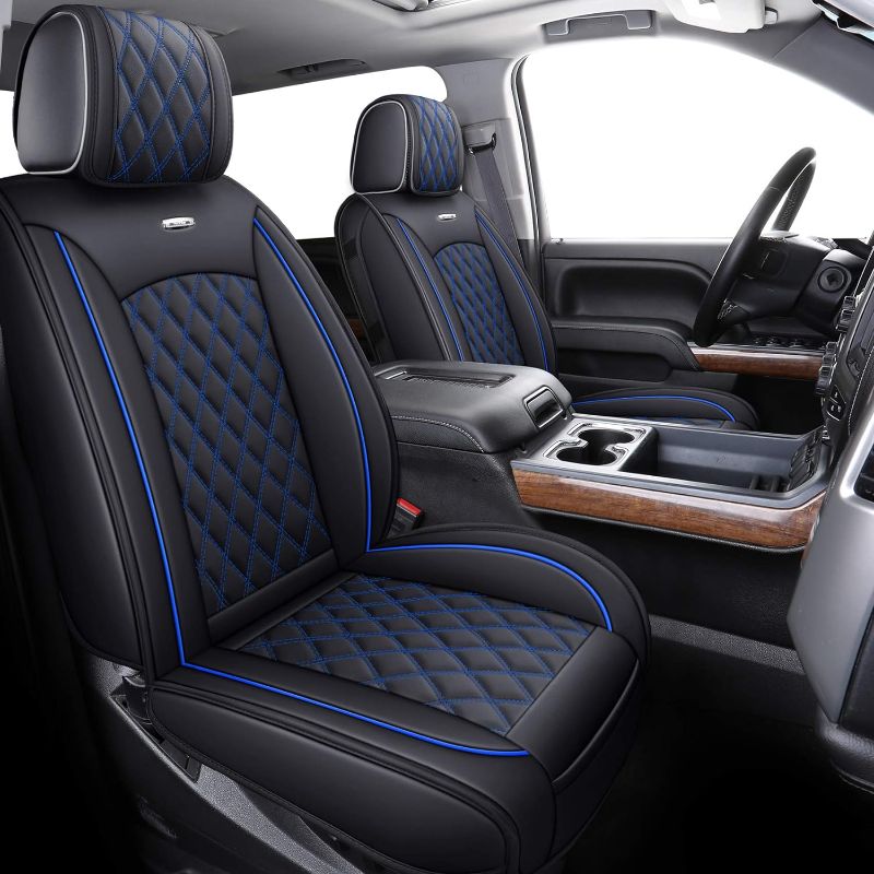 Photo 1 of Aierxuan Seat Covers for 2007-2024 GMC Sierra Chevy Chevrolet Silverado 1500 2500HD 3500HD Trail Boss Z71 Crew Double Extended Cab Waterproof Leather Truck Pickup Cuchion(Full Set, Black-Blue) Full set/Black-Blue
