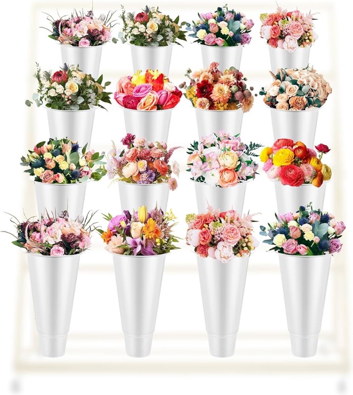 Photo 1 of 16 Pcs Plastic Flower Buckets Bulk 14.5 Inch H 8.7 Inch W Wake up Flower Display Buckets Tall Vase Bucket for Cut Flowers Indoor Outdoor Home Wedding Flower Display Florist Supplies (White)