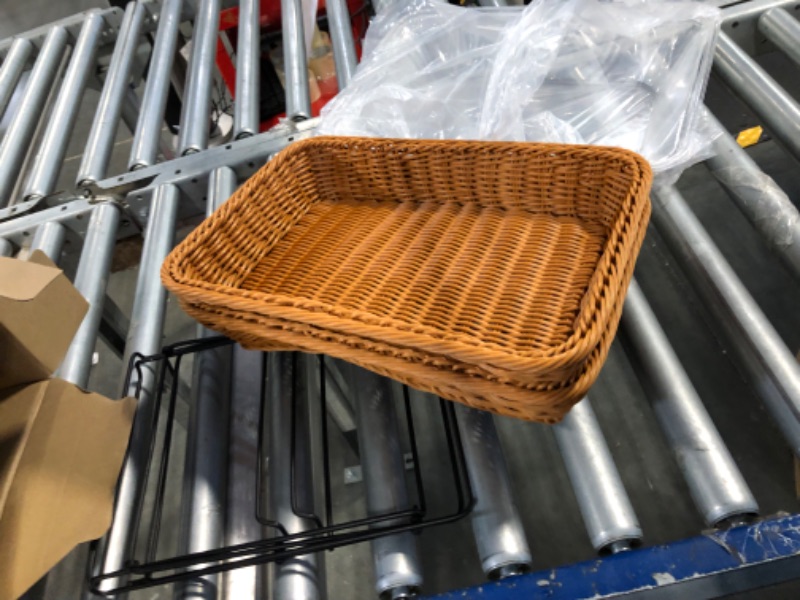 Photo 3 of 2 Pack Imitation Rattan Bread Basket Wicker Bread Basket for Serving with Acrylic Lid Woven Fruit Basket with Cover Food Vegetable Display Tabletop Restaurant Kitchen Rectangle (17.72x13.78'') ***LIDS MISSING***