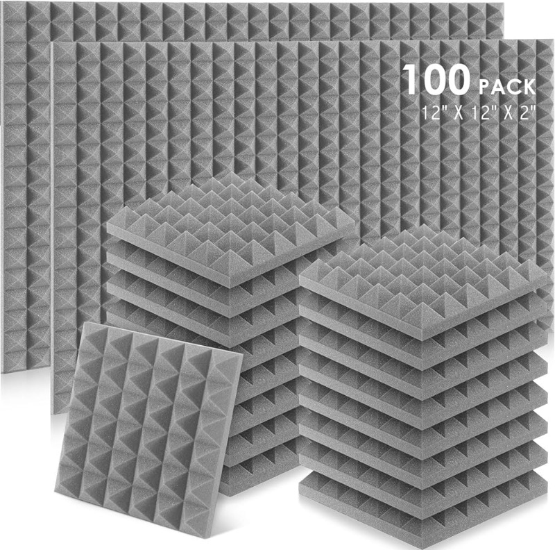 Photo 1 of 100 Pcs Acoustic Foam Panels 12 x 12 x 2", Pyramid Soundproof Wall Panels, High Density 30kg/m3, Acoustic Foam Panel, Sound Proof Panel for Wall Studio Sound Absorbing Foam (Gray)