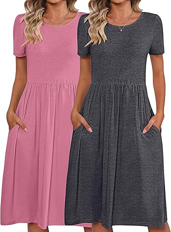 Photo 1 of 2 Pack Women Short Sleeve Dresses, Loose Fit Casual T Shirt Dress, Ladies Knee Length Swing Dress with Pockets Large