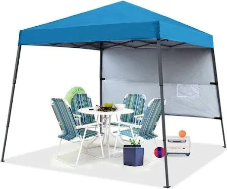 Photo 1 of  Sky Blue Slant Leg Pop Up Canopy Tent with 1 Sidewall and 1 Backpack Bag unknown dimensions 