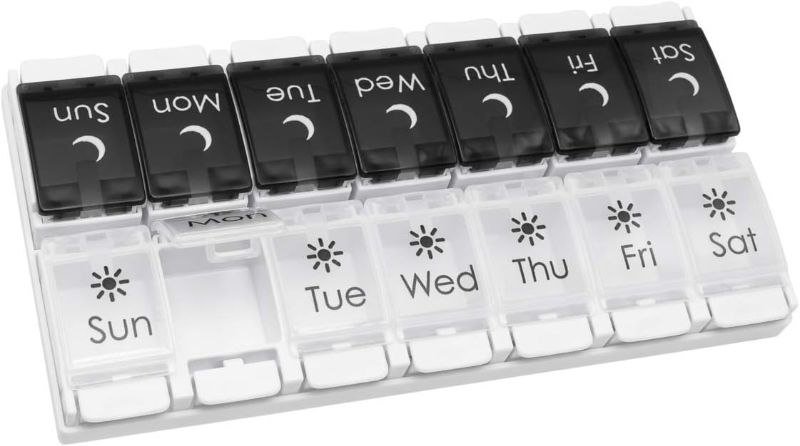 Photo 1 of (7-Day) Pill Case, Medicine Planner, Vitamin Organizer, 2 Times a Day AM/PM, Removeabale Trays, Large Compartments, Arthritis Friendly, Black and White Lids, BPA Free