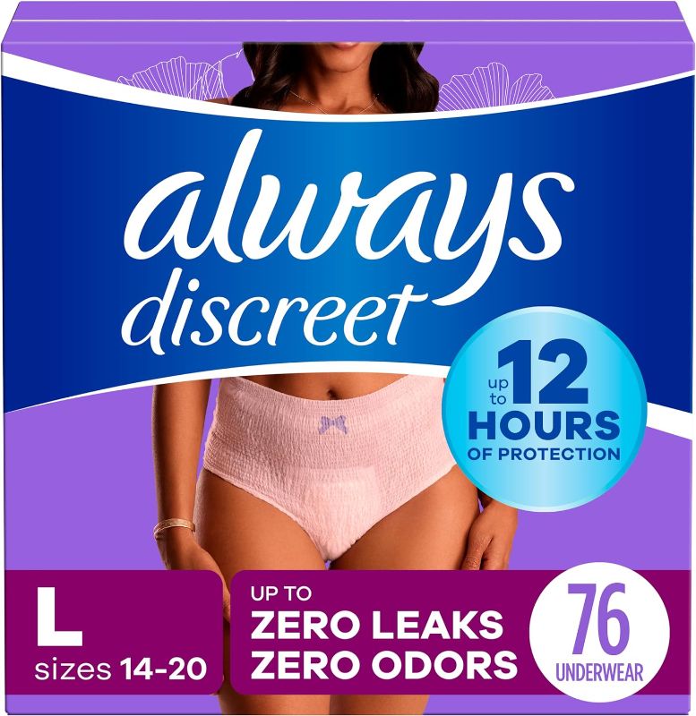 Photo 1 of **one bag open & missing pads**Always Discreet Adult Incontinence Underwear for Women and Postpartum Underwear, L, Up to 100%* Bladder Leak Protection, 76 CT