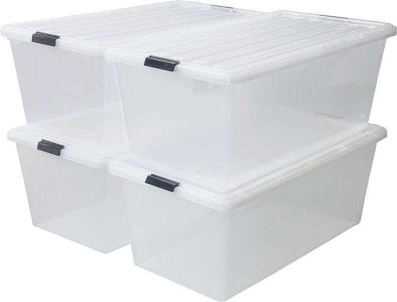 Photo 1 of **cracked, broken  tops**IRIS USA 91 Quart Stackable Plastic Storage Bins with Lids and Latching Buckles, 4 Pack, Containers with Lids, Durable Nestable Closet, Garage, Totes, Tubs Boxes Organizing, Clear