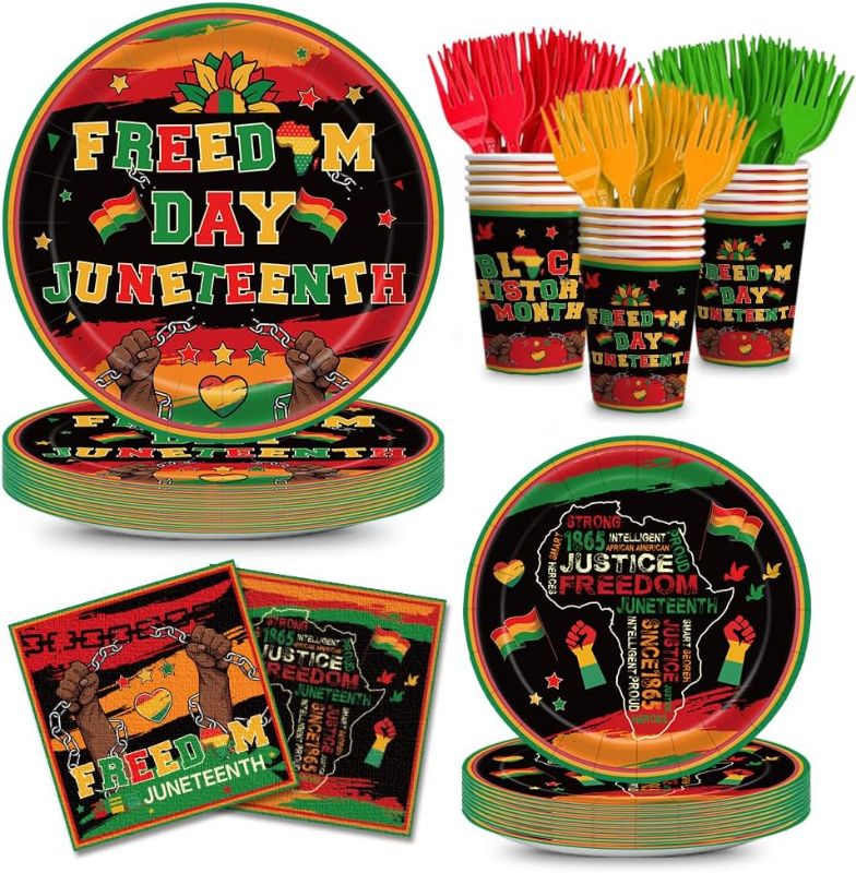 Photo 1 of 120pcs Juneteenth Party Decorations Juneteenth Plates Napkins Happy Freedom Day Party Supplies Since 1865 Disposable Paper Tableware Set for African American Festival Serve 24 Guests