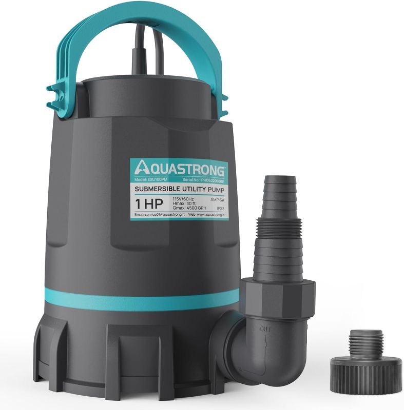 Photo 1 of Aquastrong Sump Pump 1 HP Submersible Water Pump Thermoplastic Portable Utility Pump 4500 GPH High Flow Water Removal for Swimming Pool Garden Pond Basement Window Wells with 19.7ft Long Power Cord