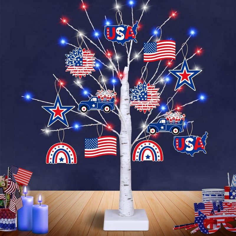 Photo 1 of 4th of July Decorations, 24” Fourth of July Decoration Tree Light with 12 Patriotic Wooden Signs, [TIMER, USB/Battery Operated] Red White Blue Light for home July 4th Decor Flag Day Independence Decor
