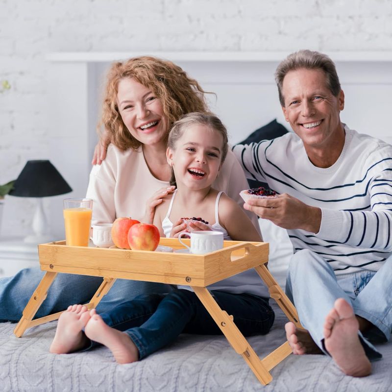 Photo 1 of 
2 Pack Bed Tray Table with Handles Folding Legs, Bamboo Breakfast Food Tray with Media Slot, Use As Platter, Laptop Desk, Snack, TV Tray Kitchen Serving Tray(Natural)