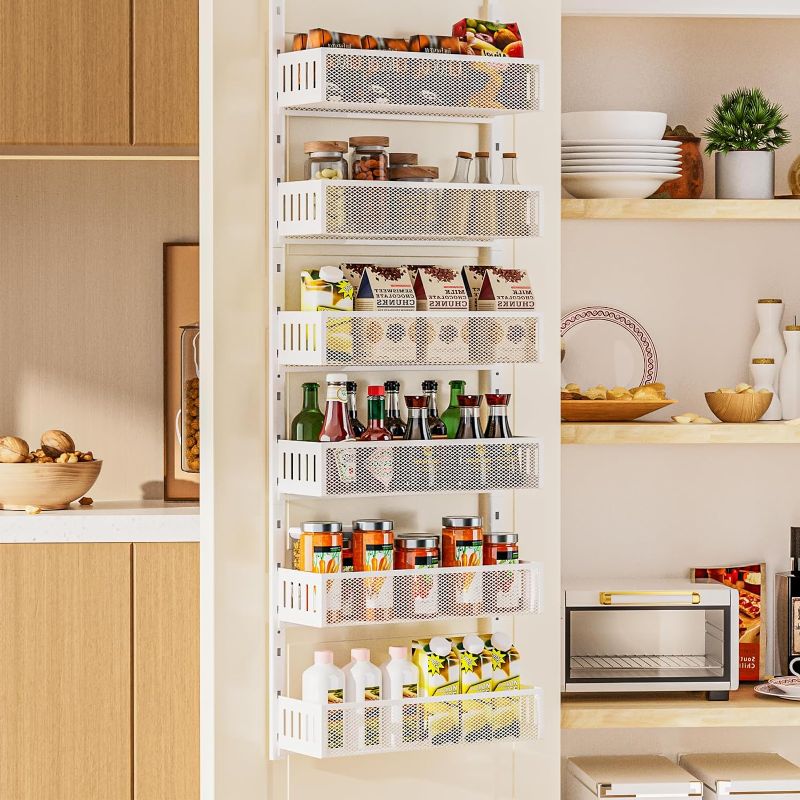 Photo 1 of  6-Tier Over The Door Pantry Organizer with Mesh Baskets, Adjustable & Stable Hanging Spice Rack for Kitchen, Bathroom, Bedroom, and Baby Essentials Storage (16" W 6-Tiers, White)