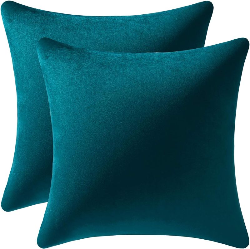 Photo 1 of  DEZENE Throw Pillow Cases 18x18 Teal: 2 Pack Cozy Soft Velvet Square Decorative Pillow Covers for Farmhouse Home Decor