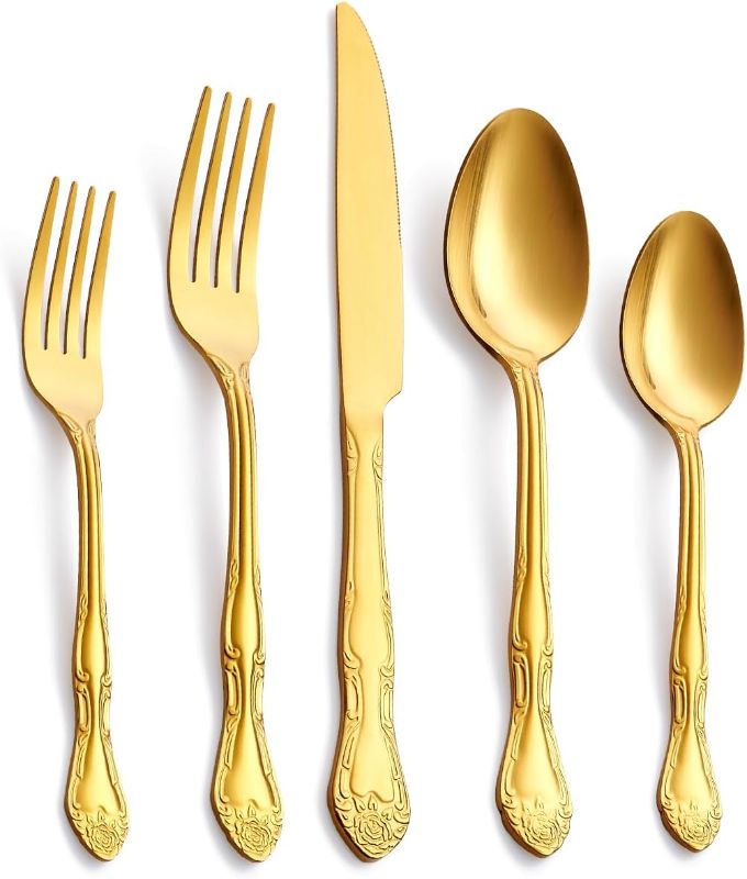 Photo 1 of  30-Piece Gold Silverware Set, FULLYWARE Stainless Steel Satin Finish Flatware Cutlery Set include Forks, Spoons and Knives, Rose Pattern Design, Service for 6