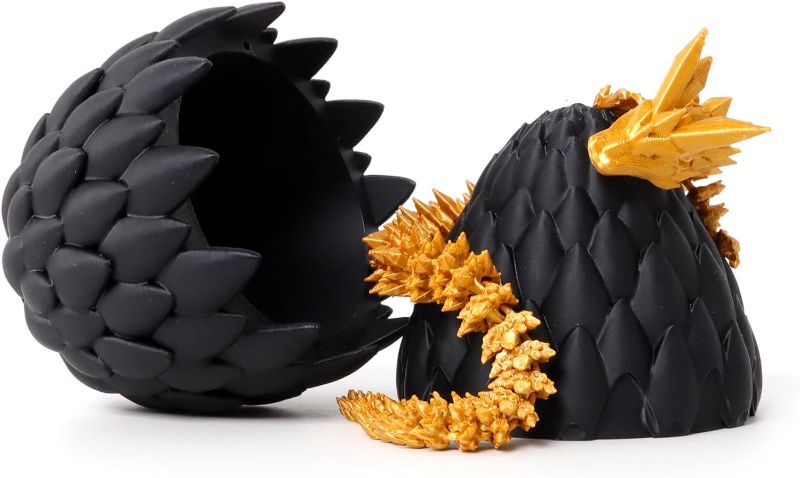 Photo 1 of  Dragon Egg - Black Egg with Gold Dragon - 3D Printed Fidget Toy with Flexible Dragon, 3D Printed Gift,Figurine Decor, Executive Desk Toy(12” Dragon)