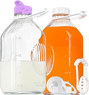 Photo 1 of  2 Pack 64 Oz Heavy Duty Glass Milk Bottle with Dispenser Cap and Reusable Airtight SCREW LID, 2 Qt Glass Water Bottle with 2 Exact Scale Lines - Glass Milk Jug Pitcher - 1/2 Gal Juice Bottl