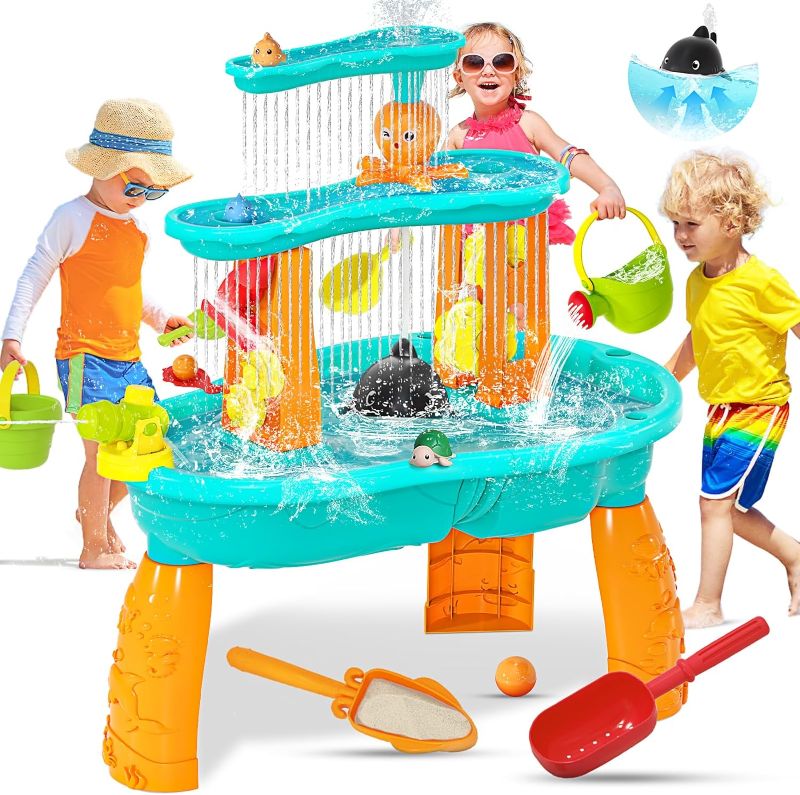 Photo 1 of Upgraded Toddler Water Table, 3-Tier Outdoor Kids Activity Table with Water Pump & Water Toy Accessories, Rain Showers Splash Pond Outside Water Play Toys Sand Sensory Table for Boys Girls Age 3+
