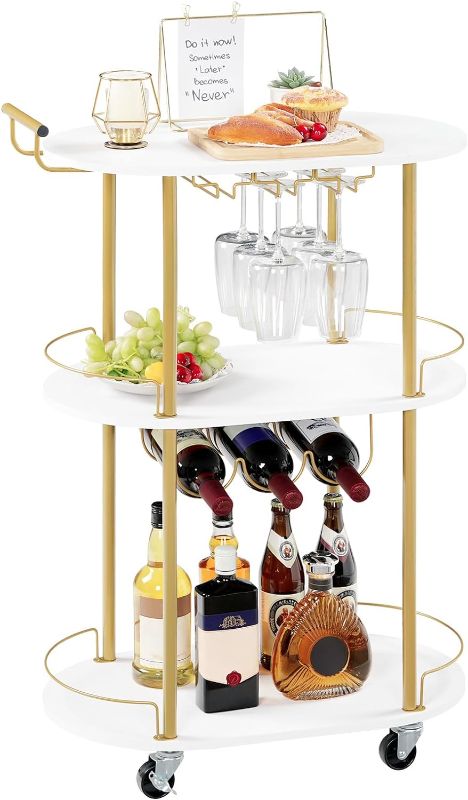 Photo 1 of  HOOBRO Bar Cart Gold, 3-Tier Home Bar Serving Cart with Lockable Wheels, Rolling Kitchen Cart with Wine Rack and Glass Holders, Mini Bar with Arc Fence for Living Room, Party, Gold and White DW60TC01