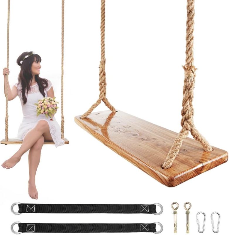 Photo 1 of  Wooden Tree Swing,Wooden Swing for Adults/Kids with 500lbs Load Capacity,Adjustable Hemp Rope Plus Tree Straps 100 inch, Hanging Wooden Swing for Indoor, Outdoor, Garden,Yard,Backyard (Adult)