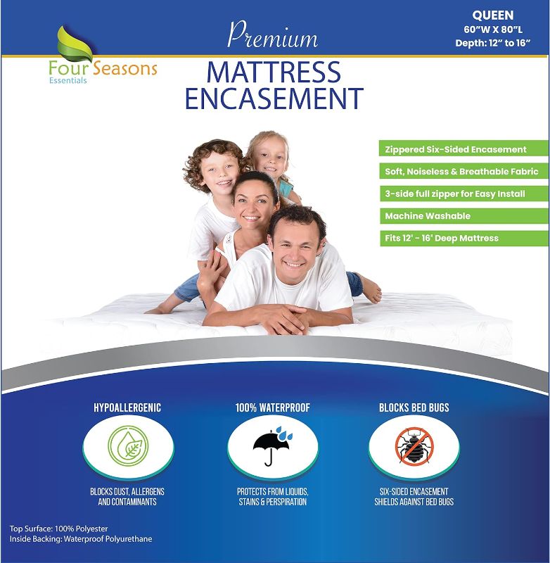 Photo 1 of Four Seasons Essentials Queen Mattress Protector - Zippered Bedbug Waterproof Mattress Cover, Premium Quality Hypoallergenic Bed Encasement White
