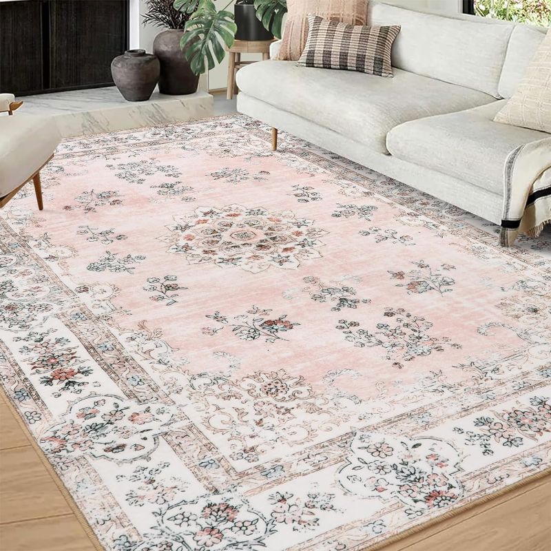 Photo 1 of Lahome Washable Living Room Area Rug 8x10, Soft Pink Floral Large Low Pile Mats for Nursery and Girls, Boho Ultra-Thin Non-Slip Carpet for Bedroom Indoor Floor Home Office Decor
