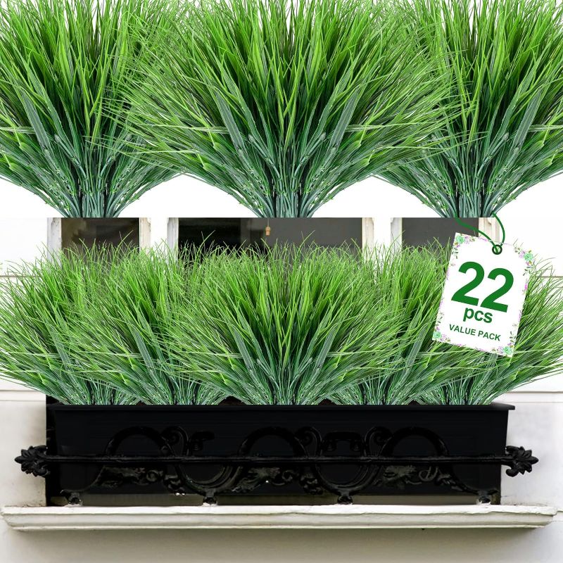 Photo 1 of 22 Bundles Artificial Plants Fake Outdoor Indoor Grass No Fade Faux Plastic Greenery Shrubs Garden Porch Window Box Décor (Grass)