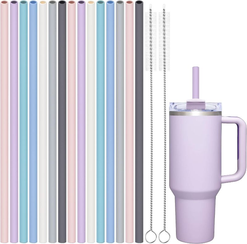 Photo 1 of 
Roll over image to zoom in







Tomorotec 15PCS Reusable Silicone Drinking Straws w/ 2 Brushes, Fit for Stanley Tumbler 40oz 30oz 20oz, 12" Long Customizable for Various Drinkware, Dishwasher Safe, BPA-Free, Safe for Teeth (Macaron)